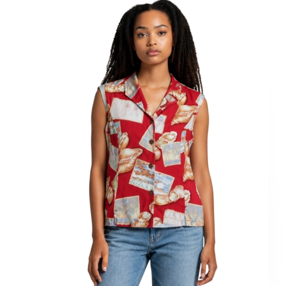 CARIBBEAN JOE RED SLEEVELESS BUTTON DOWN TOP SZ.LP EUC